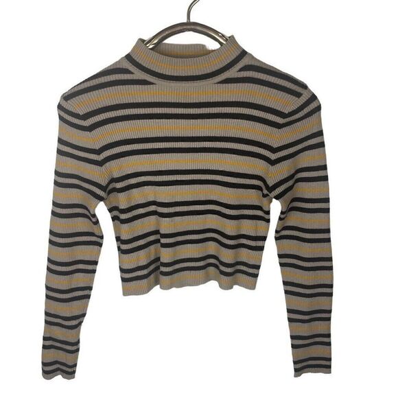 Kerisma Mockneck Cropped Tan‎ Black Yellow Striped Sweater Size S/M Modal Blend - Picture 1 of 6